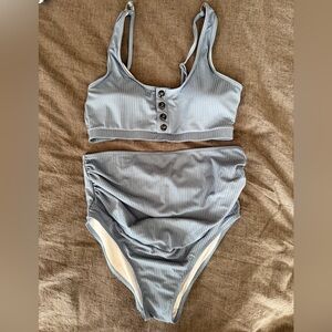 Ribbed Blue Maternity Bikini Set with Button Detail